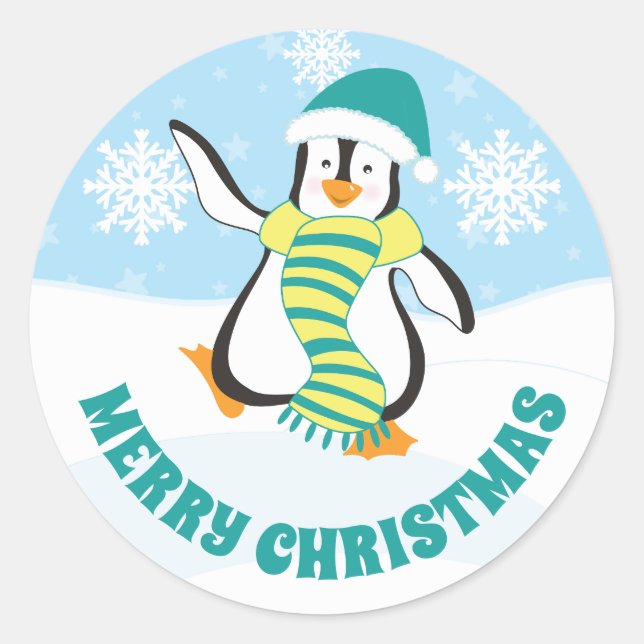 Adesivo Pinguim de Natal com Chapéu Azul Turquesa e Amarel (Frente)