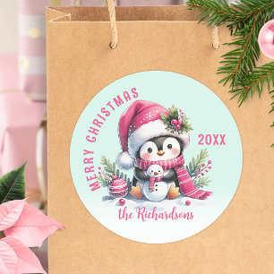 Adesivo Pinguim de Natal Merry Verde e Rosa