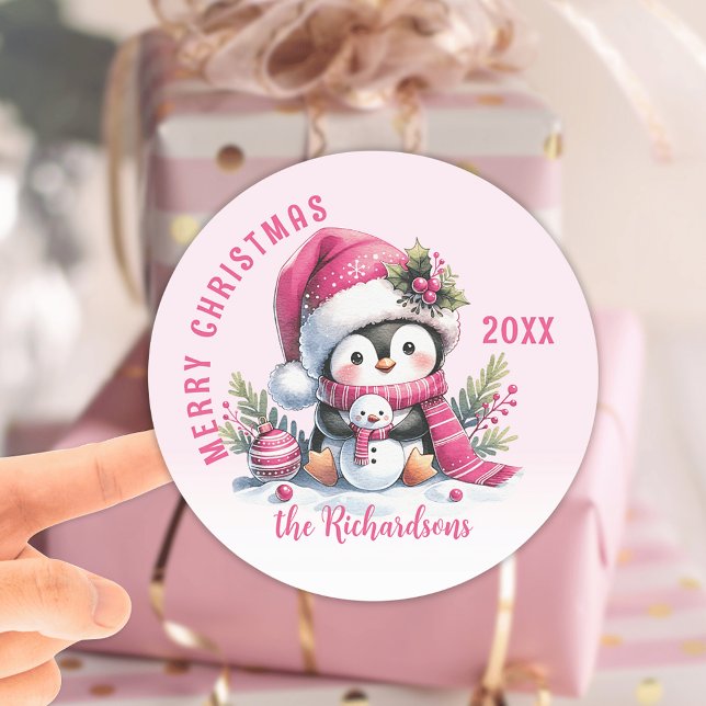 Adesivo Pinguim-de-Natal Rosa Muito Feliz, Personalizado (Criador carregado)