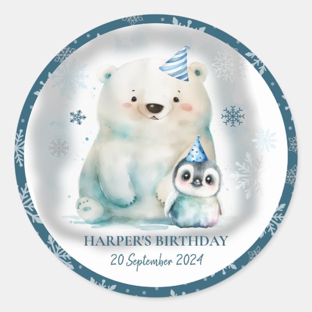 Adesivo Pinguim e Urso Polar Aniversário de inverno (Frente)