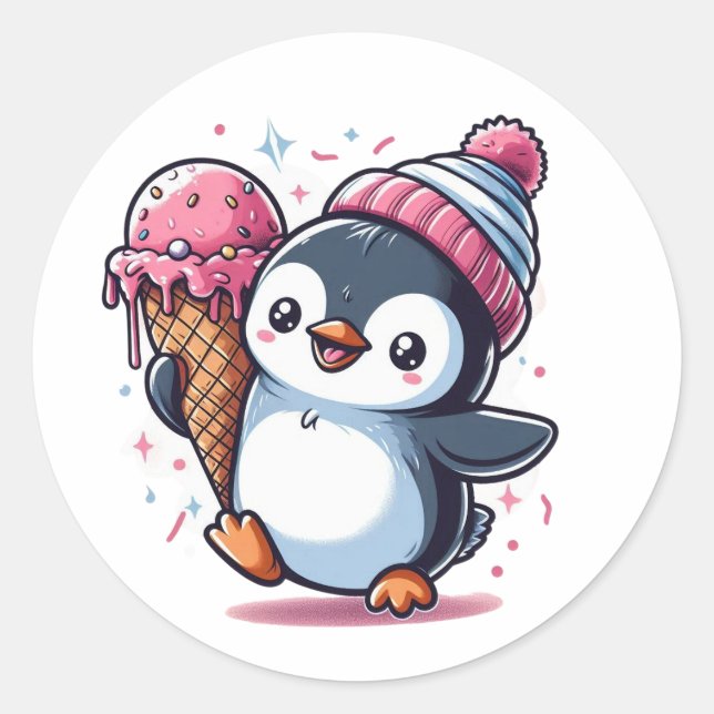 Adesivo Pinguim feliz com Sorvete Cone Sticker (Frente)