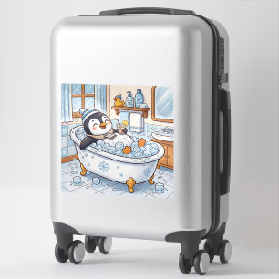 Adesivo Pinguim Feliz de Desenho Animado Fofo Tomando Banh