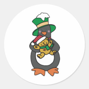 Adesivo Pinguim Irlandês Segurando Urso de Pelúcia de Nata