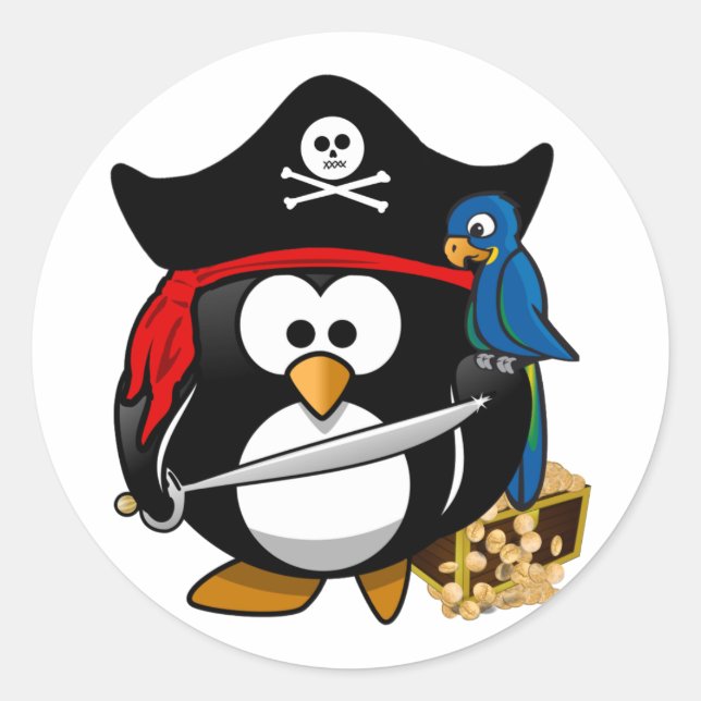 Adesivo Pinguim Pirata Bonito com Treasure Chest (Frente)