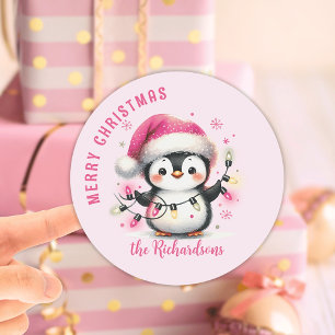 Adesivo Pinguim Rosa com Luzes Nome da Família Natal