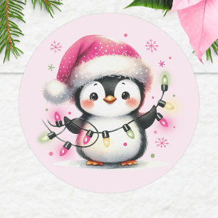 Adesivo Pinguim Rosa Fofo com Luzes de Natal