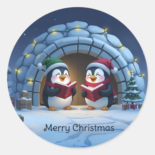 Adesivo Pinguins Cantores de Natal de Desenho Animado Fofo (Frente)