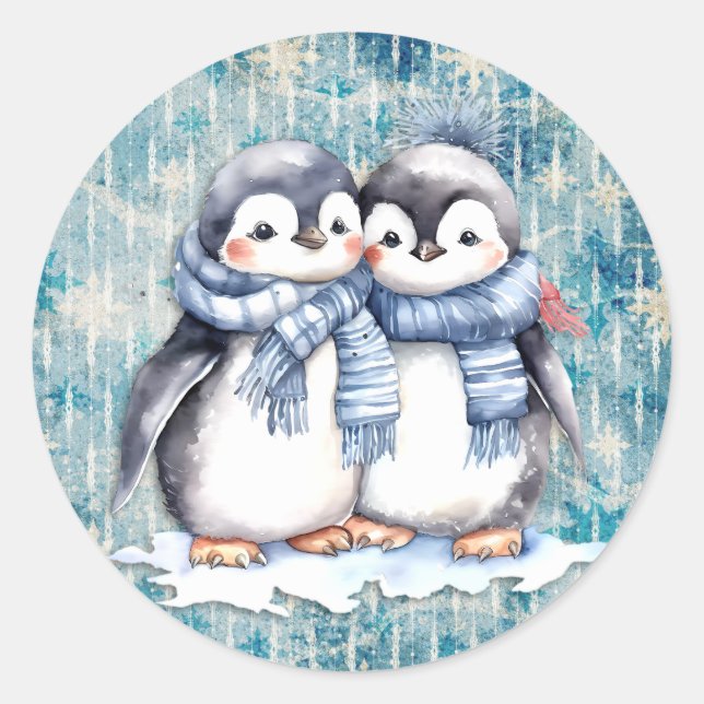 Adesivo Pinguins de Aquarela Azul-Inverno com Escarpas (Frente)