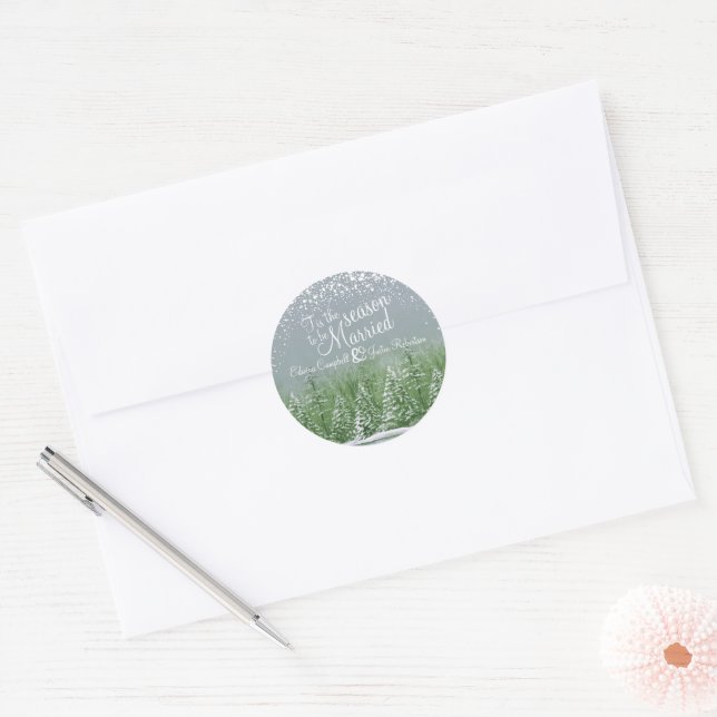 Adesivo pinheiro-casamento no inverno lago cinza verde (Envelope)