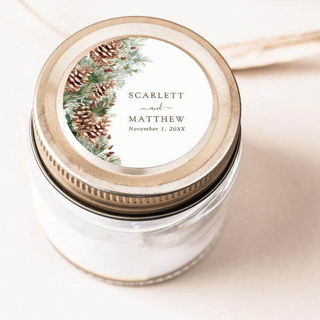 Adesivo Pinheiro Elegante (Elegant White Pinecone Greenery Classic Round Sticker by Painted Paperie
)