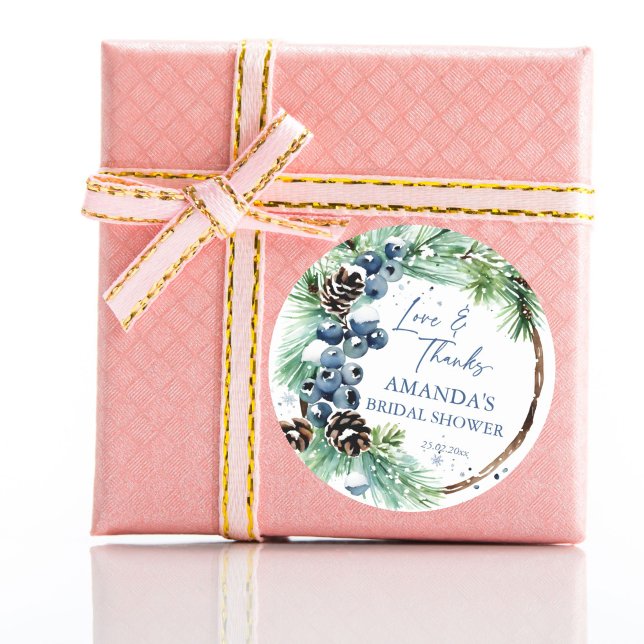 Adesivo Pinheiros com aquarela de chá de panela de inverno (Winter bridal shower watercolor pines wreath favor sticker winter blue berries thank you stickers)