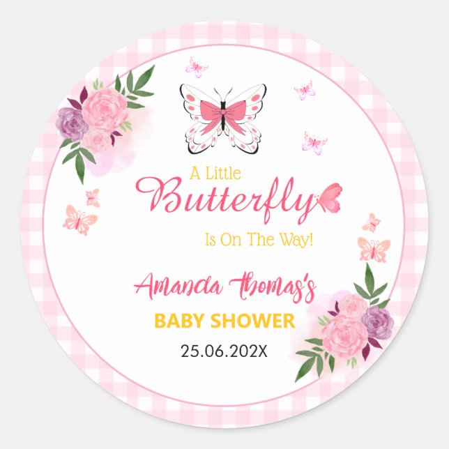 Adesivo Pink A Little Butterfly Is On The Way Baby Shower  (Frente)