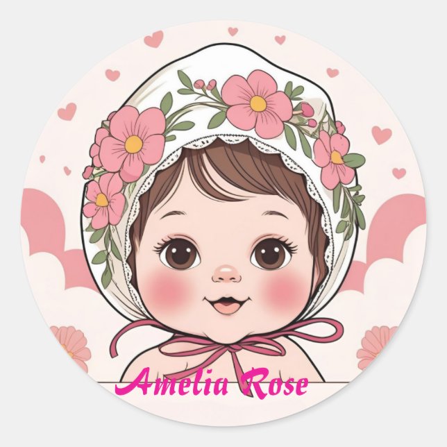 Adesivo Pink Baby Shower Sticker with Watercolor Flowers & (Frente)