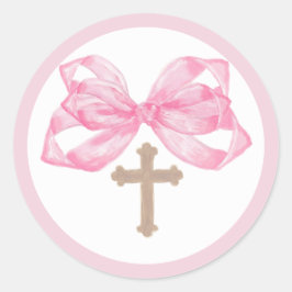 Adesivo Pink Bow Baptism Envelope Seal Sticker Cross Round