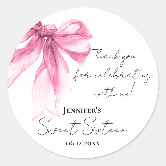Adesivo Pink Bow Coquette Script Sweet 16 Thank You (Frente)
