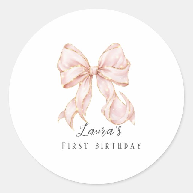Adesivo Pink Bow Girl First Birthday Party  (Frente)