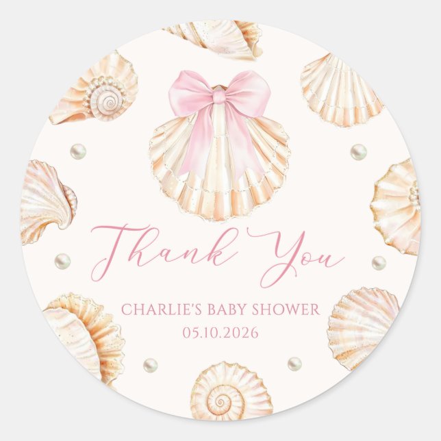 Adesivo Pink Bow Seashell Coastal Baby Shower Sticker (Frente)