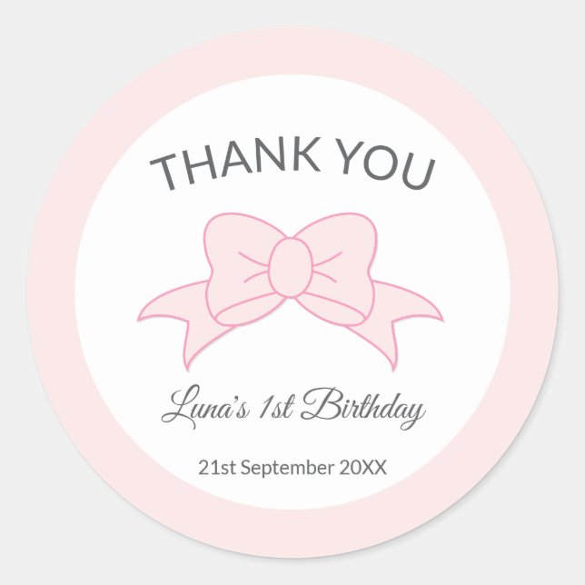 Adesivo Pink Bow Thank You Girl Kids 1st Birthday  (Frente)