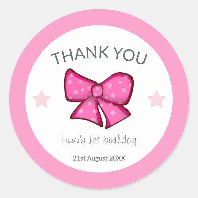 Adesivo Pink Bow Thank You Girl Kids 1st Birthday  (Frente)