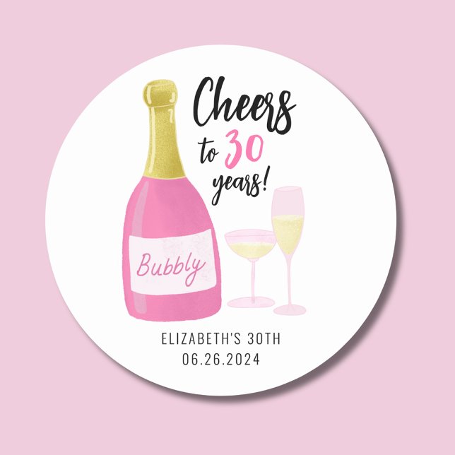 Adesivo Pink Cheers to 30 anos de festa de aniversário de  (Cheers to 30 years pink champagne stickers.  Full 30th birthday party range collection.)