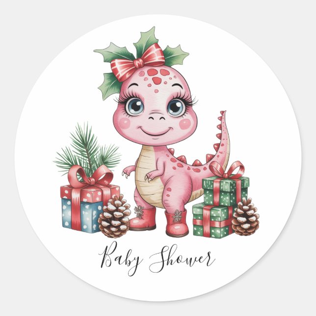 Adesivo Pink Christmas Dino Girl Baby Shower (Frente)