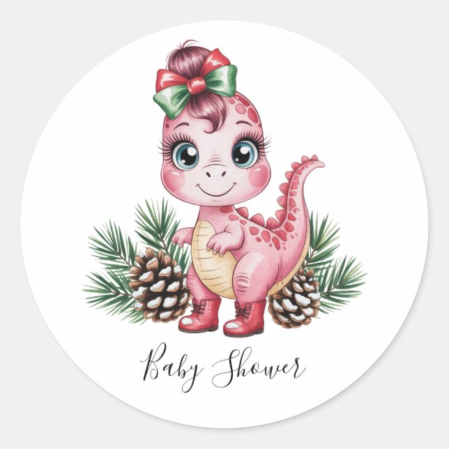 Adesivo Pink Christmas Dino Girl Baby Shower (Frente)
