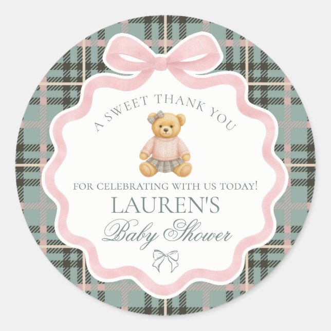 Adesivo Pink Coquette Bow Bear Tartan Baby Shower Favor (Frente)