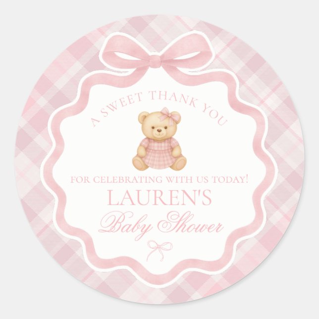 Adesivo Pink Coquette Bow Bear Tartan Baby Shower Favor (Frente)