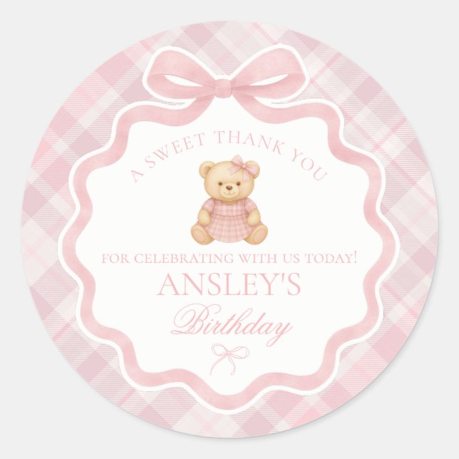 Adesivo Pink Coquette Bow Bear Tartan Birthday Favor (Frente)
