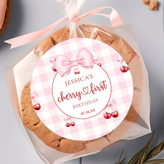 Adesivo Pink Coquette Bow Cherry First Birthday Party (Criador carregado)
