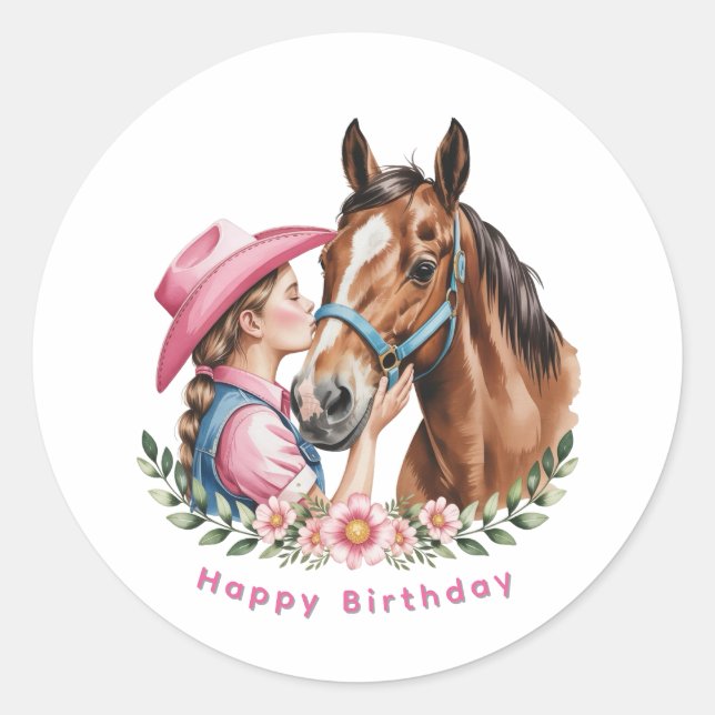 Adesivo Pink Cowgirl Kissing a Horse Birthday Party (Frente)