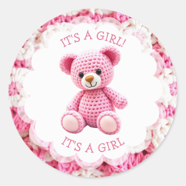 Adesivo Pink Crocheted Teddy Bear It's a Girl (Frente)