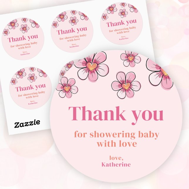 Adesivo Pink Daisy Girl Baby Shower Thank You  (Pink Daisy Girl Baby Shower Thank You Classic Round Sticker)