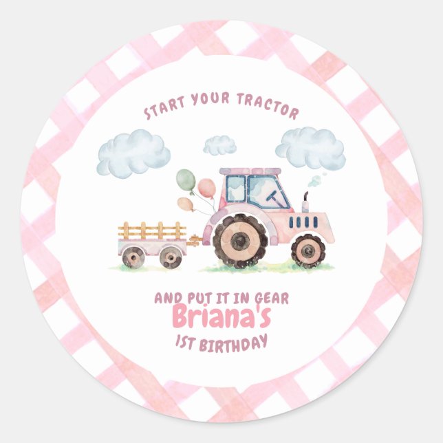 Adesivo Pink Farm Tractor Girl Any Age Birthday (Frente)
