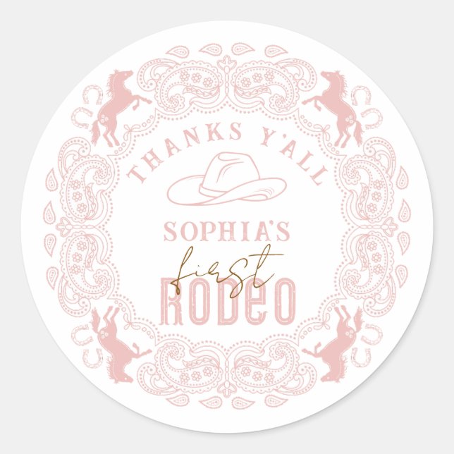 Adesivo Pink First Rodeo Birthday Favor Sticker - Cowgirl (Frente)
