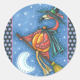 ADESIVO PINK FLAMINGO WITCH, VOANDO SOBRE A LUA EM UM QUAR