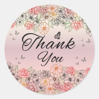 Adesivo Pink Floral Butterfly Round Thank You Sticker