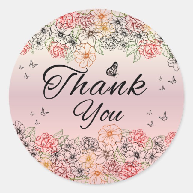 Adesivo Pink Floral Butterfly Round Thank You Sticker (Frente)