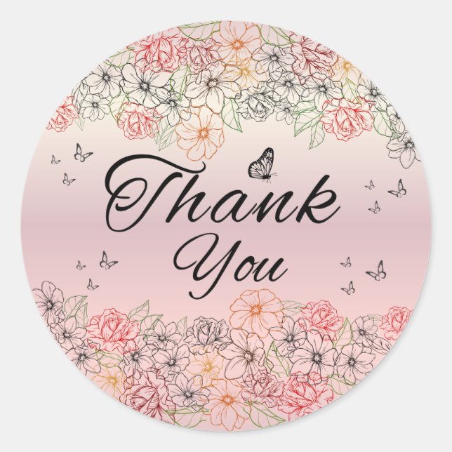 Adesivo Pink Floral Butterfly Round Thank You Sticker (Frente)