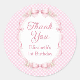 Adesivo Pink Gingham Bow First Birthday Thank You Sticker