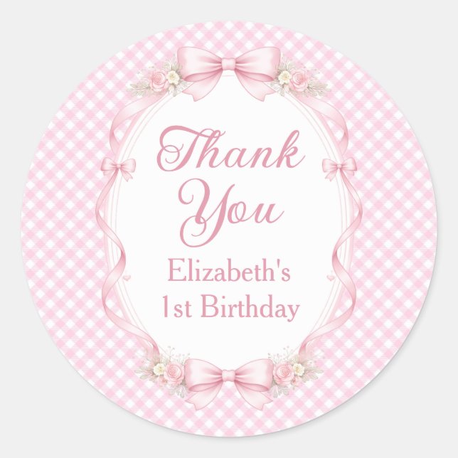 Adesivo Pink Gingham Bow First Birthday Thank You Sticker (Frente)