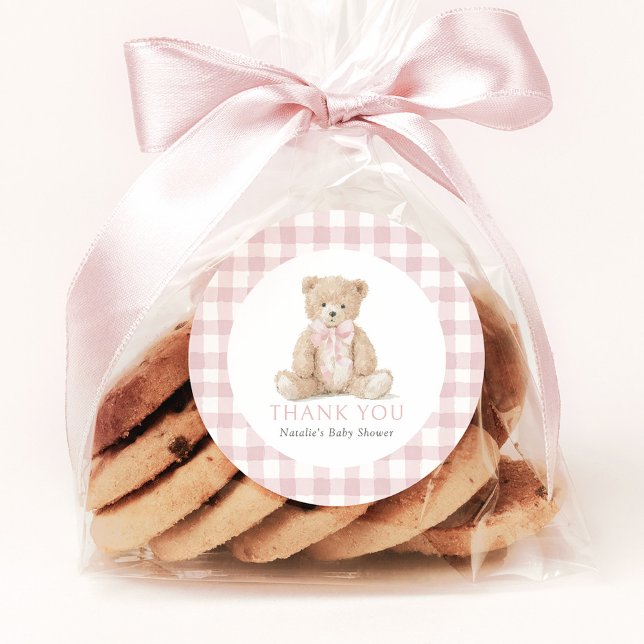 Adesivo Pink Gingham Teddy Bear Baby Shower (Criador carregado)