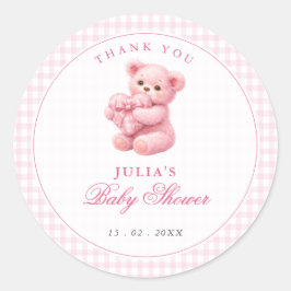 Adesivo Pink Gingham Teddy Bear Neutral Baby Shower