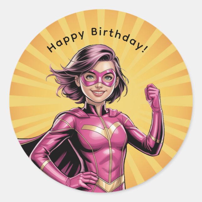 Adesivo Pink Girl Superhero Birthday Party (Frente)