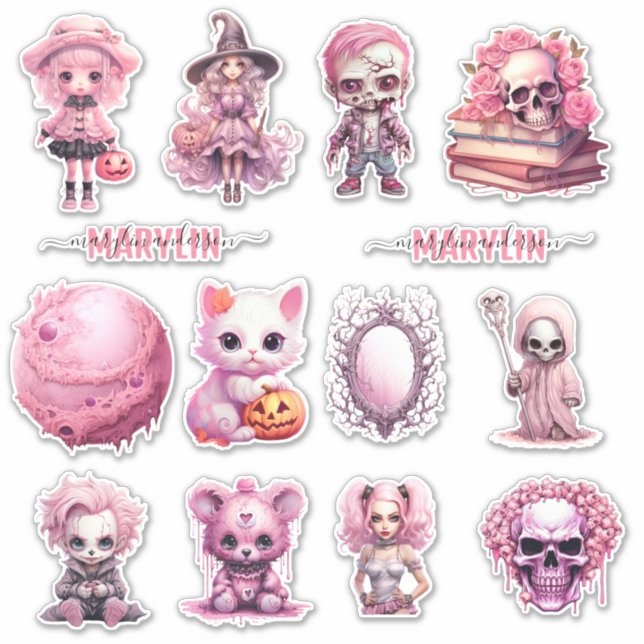 ADESIVO PINK GOTHIC HALLOWEEN PERSONALIZADO NOME CURSIVO (Frente)