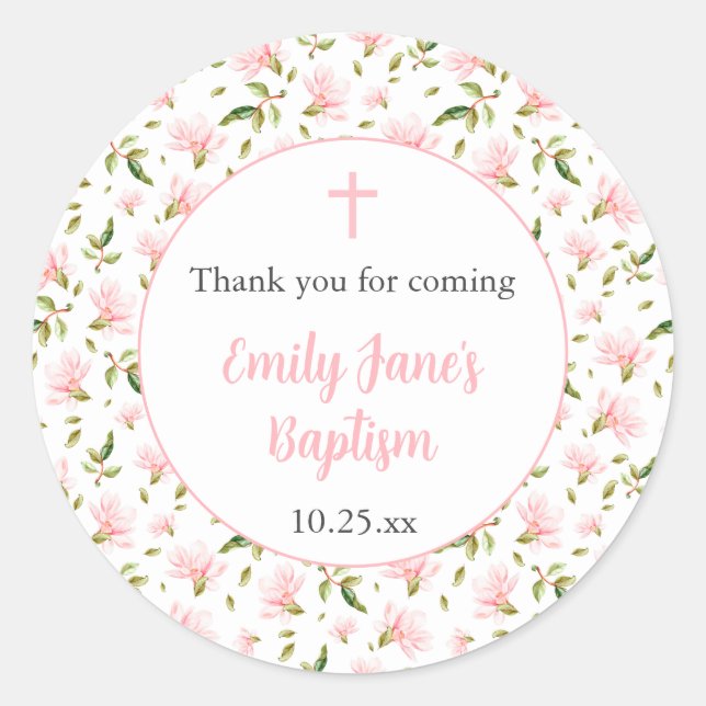 Adesivo Pink Magnolias girl baptism thank you sticker (Frente)