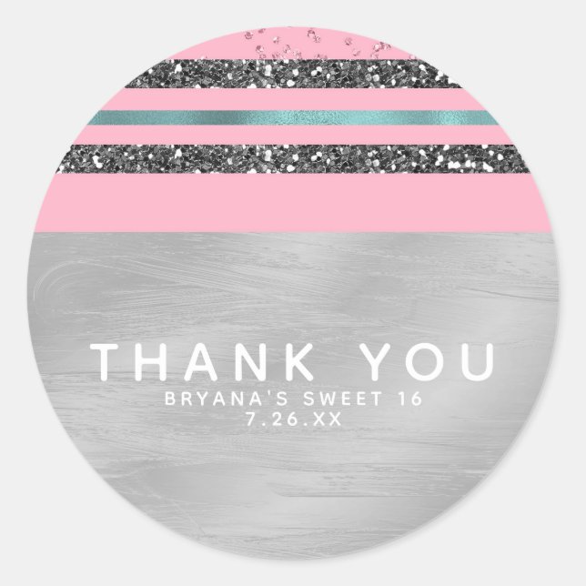 Adesivo Pink Mint Green & Silver Glitter Sweet 16 Party (Frente)