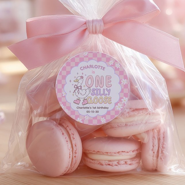 Adesivo Pink One Silly Goose - Girl's First Birthday (Pink One Silly Goose. Girl First birthday Stickers for Birthday cookies.)