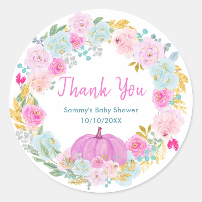 Adesivo Pink Pumpkin Floral Wreath Baby Shower Thank You (Frente)