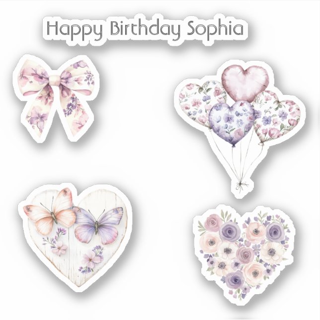 Adesivo Pink Purple Floral Heart Balloons Birthday (Frente)